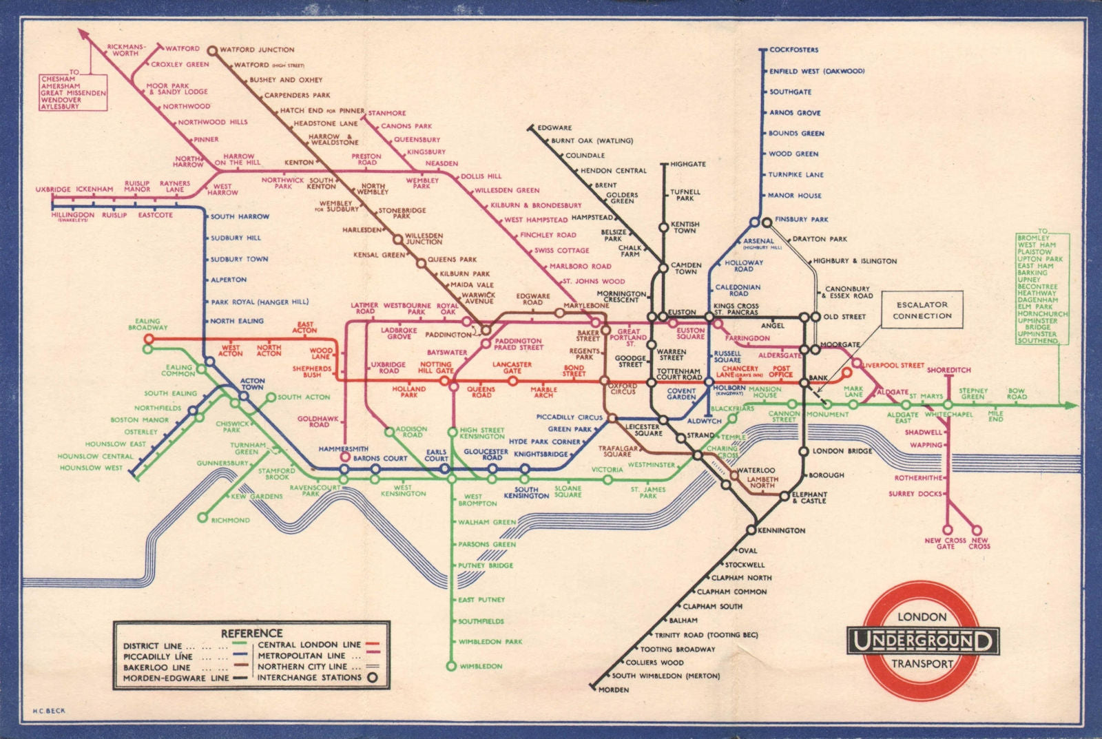 LONDON UNDERGROUND tube map diagram of lines. Middle Circle. HARRY BECK #2 1936